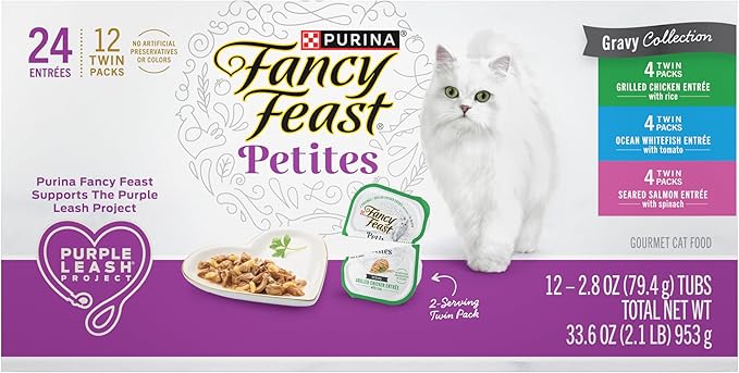 Fancy Feast Purina Gourmet Wet Cat Food Variety Pack, Petites Gravy Collection, Break-Apart tubs, 24 Servings - 2.8 oz. Tubs, (Pack of 24)