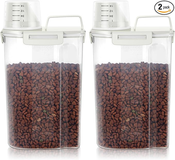 3-5Lbs Airtight Small Cat Dog Pet Food Storage Containers BPA Free, with Large Pour Spout/1 Measuring Cup/ 4 Safety Locks and Double-layer Silicone Strip (Off White 2Pack)