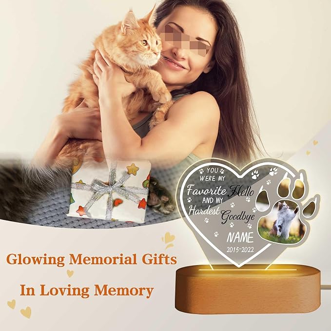 Personalized Pet Night Light Customized Dog Memorial Gift Picture Frame Acrylic Plaque Led Lamp Cat Sympathy Gift for Loss of Pet(Cat Paw Heart)