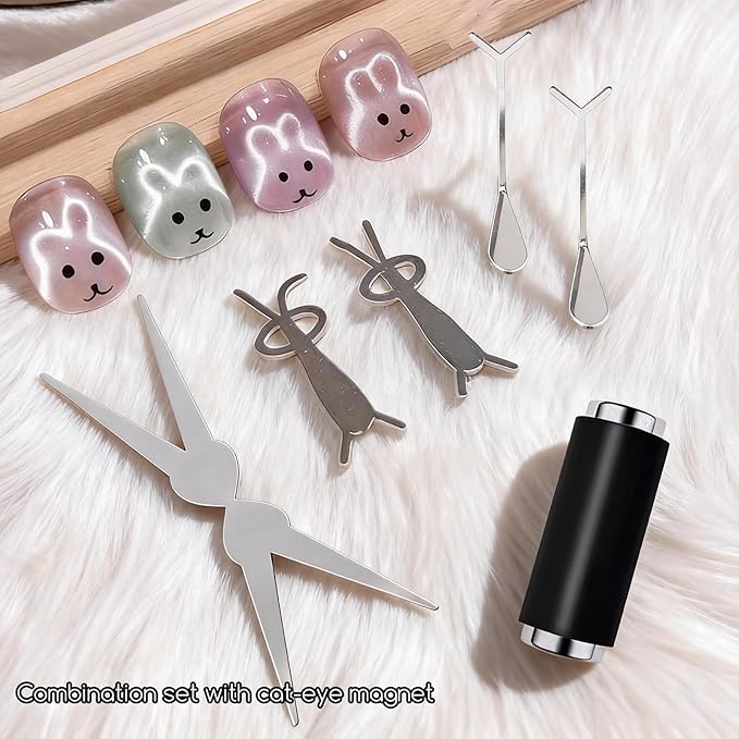 DANNEASY 9pcs Cat Eye Magnet Set, 3-in-1 Heart Magnet for Nails, Strong Cylindrical Magnet with Scissor-Shaped/Y-Shaped Brackets/Bunny-Shaped Plates for French Heart Bunny Cat Eye Nail Art Effect