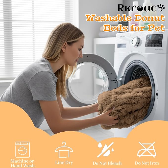 Fluffy Dog Bed Calming Donut Beds for Large Dogs Warming Round Small Medium Pet Nest Cozy Cat Mattress Indoor Washable Puppy Kennel Kittens Sleep Mat (M, 27.5×27.5 inch, Light Brown)