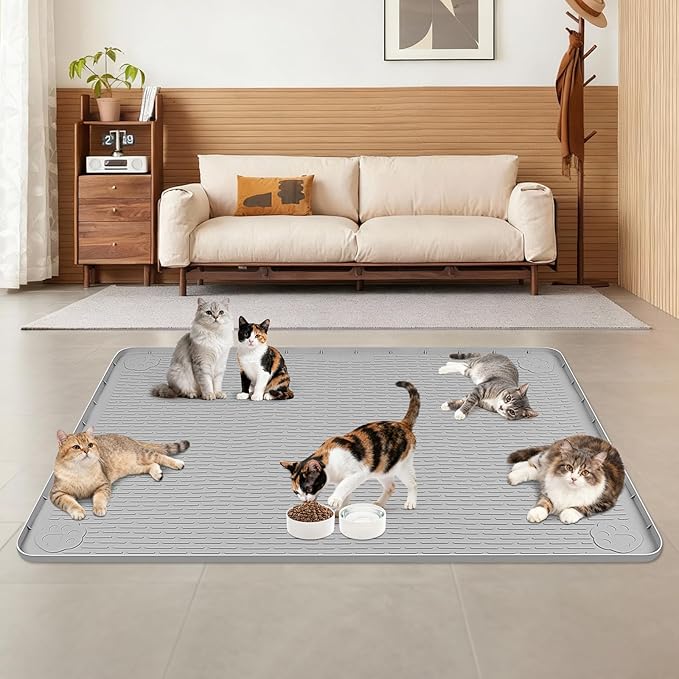 Lanstics Cat Food Mat, 50" x35" Large Silicone Mat Cat Feeding Mat with Raised Edge Non-Slip Pet Feeding Mat for Food and Water Bowl, Easy to Clean, Floor Protection (Gray)