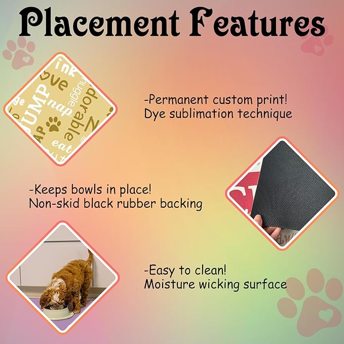 Personalized Dog Cat Feeding Mat Custom Pet Food Mat Waterproof Non-Slip Customized Puppy Name Photo Placemat Dish Rug Floor Protector Gifts for Pets Lover Pattern 2