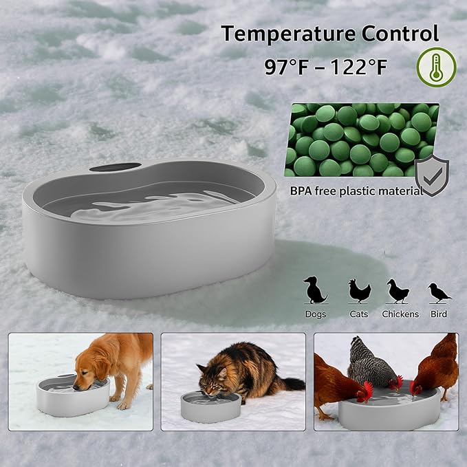 Large Heated Water Bowl for Dog & Cat, Outdoor Heated Dog Bowl with Chew Resistant Power Cord, Waterproof Heated Pet Bowl Smart Thermal-Dish in Winter for Cat Chicken Birds, 0.98 Gallon 35 Watts