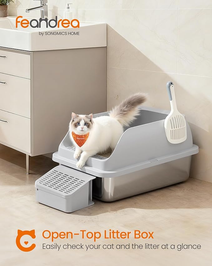 Feandrea Stainless Steel Cat Litter Box with Open Top, High Sided Litter Tray with Step, Scoop, Brush, for Cats up to 33 lb, Dove Gray UPPT008GD01