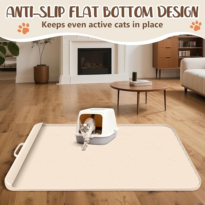 Silicone Cat Litter Mat with Collection Pocket, 42" x 28" Large Cat Litter Box Mat Waterproof Anti-Slip Litter Trapping Mat with Edge and Handle Pet Placemat for Floors (Beige)