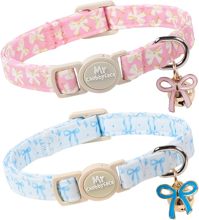 2 Pack Cat Collar, Cute Pink&Blue Bowtie Pattern Breakaway Kitty Collar with Bell&Pendent for Male and Female, Adjustable Holiday Kitten Collar for Boy&Girls