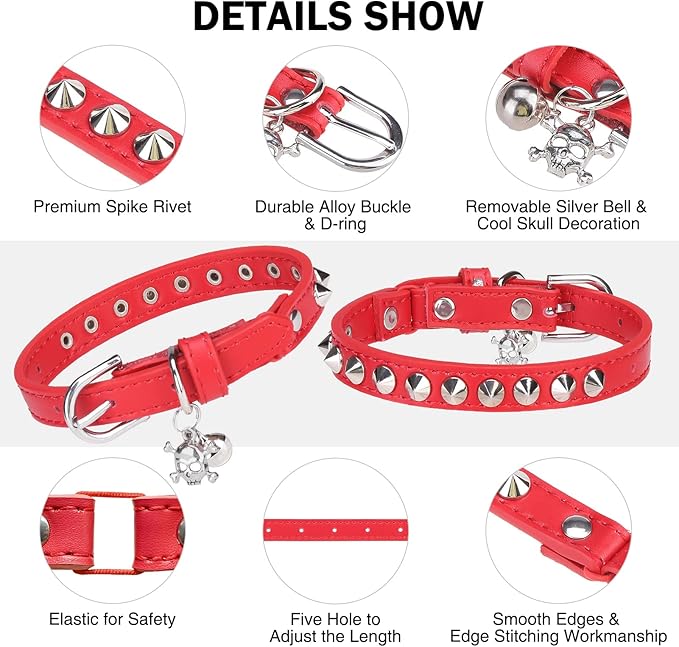 Leather Cat Collars for Boy Girl Cats with Bell and Safety Elastic Belt, Personalized Rivets Stud Adjustable Safe Buckle Collar with Skull Charm for Kitty Small Pets