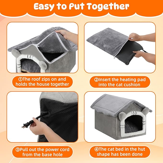 FHTONGE Heated Cat Bed House with Timer Temp Adjustment, Thermal Enclosed Kitten Beds Hideaway Machine Washable, Self-Warming Cozy Pet Nest Covered Beds Cave for Indoor Kitten Old Cat Puppy Small Dog