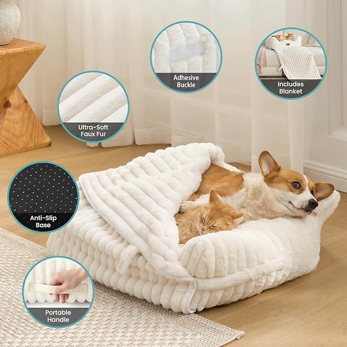 Cute Cat Bed with Removable Cover, Multifunctional Plush Faux Fur Pet Couch Bed with Blanket, Ultra-Soft Pet Furniture for Cats & Small Dogs (Cream, M: 32''x24'')