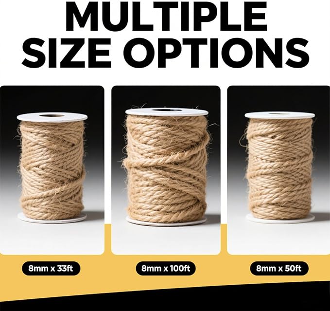 Jute Rope 33 Feet 8mm - Natural Heavy Duty Sisal Twine | Pet-Safe for Cat Scratch Posts, Crafts, Bundling & Hanging (Natural, 8MM-33FT)