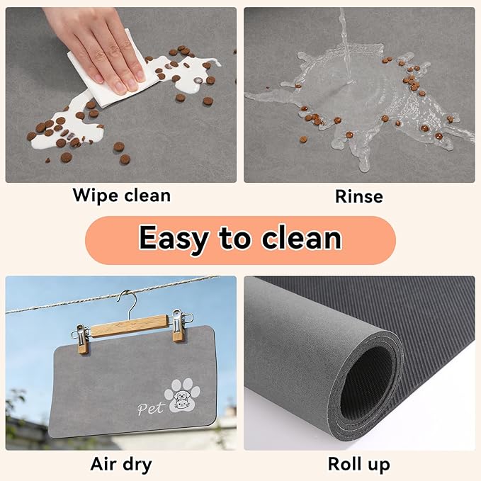 Dog Cat Feeding Mat-Absorbent Pet Bowl Mat for Food and Water, Quick Dry Water Dispenser Mat for Floors with Waterproof Rubber Backing, Puppy Cat Placemat Mats for Messy Drinkers,16"x24",Grey