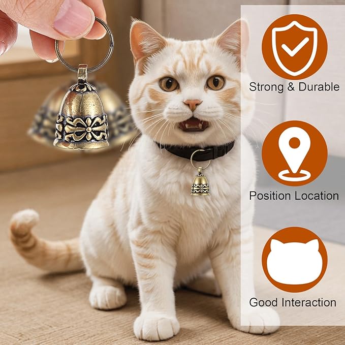 2Pcs Copper Collar Bells for Small Pets, 0.75 Inch Vintage Brass Jingle Bells, Ideal for DIY with Anti-Lost ID Pendant Tags, Retro Pet Craft Bell Charms for Cats & Puppies