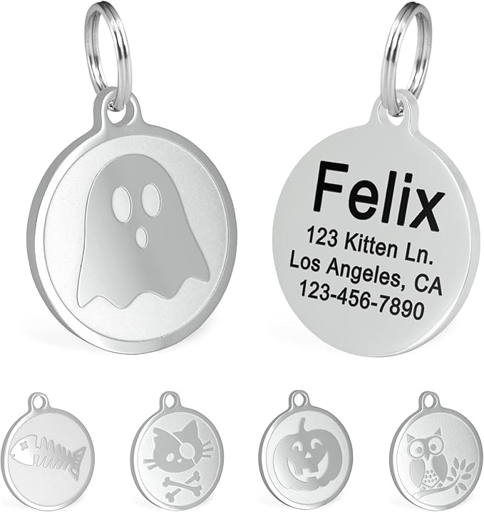 Ultra Joys Engraved Cat Name Tags Personalized - Stainless Steel Name Tag Pet Identification - Small Dog ID Tags Personalized for up to 4 Lines of Text - Pet ID Tags for Cat Collar - Ghost