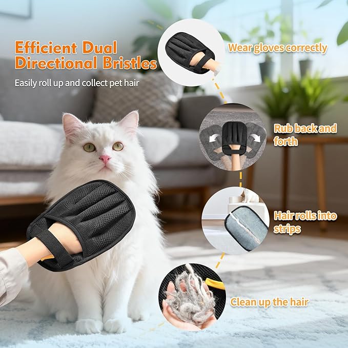 Pet Hair Removal Gloves for Cats & Dogs，Upgraded Five-Finger Electrostatic Reusable Magic Brush for Effortless Pet Hair Remover Tool on Carpet, Clothing, Laundry, Couch, Car Seat