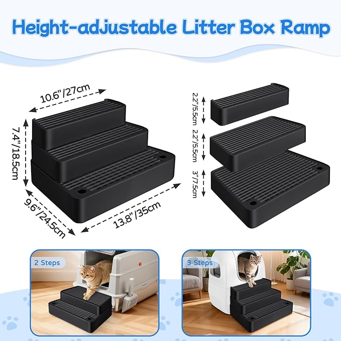 Extra Large 3 Steps Litter Box Ramp, Adjustable Cat Litter Box Step with Filter Function, Easy to Clean Cat Litter Stair Catcher for Elderly Cats and Kitten (Black)