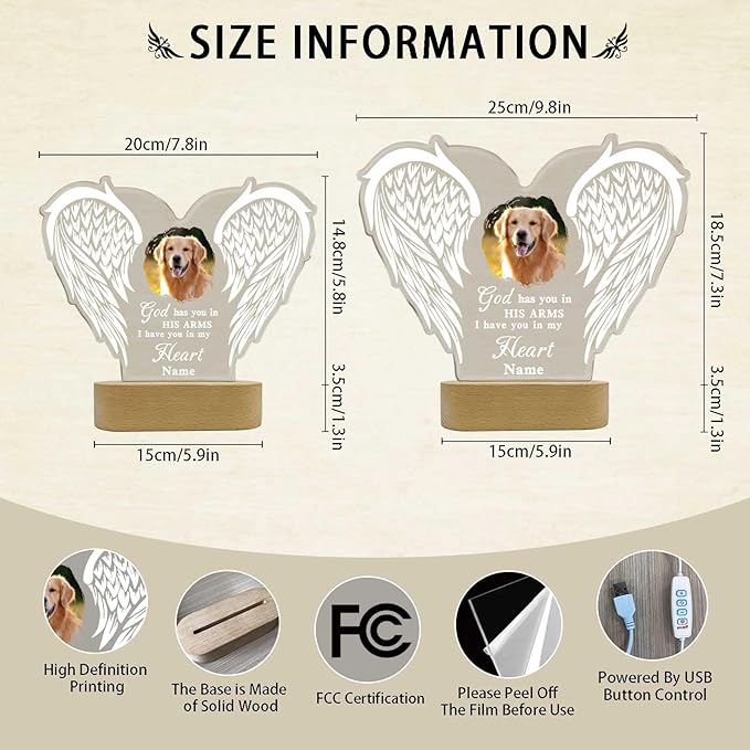 Custom Pet Memorial Night Light Gift Personalized Dog Cat Acrylic Plaque Photo Frame Sympathy Gift Condolence Gifts with Picture Name(Love Wings)