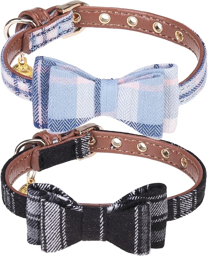 PUPTECK Puppy Collar with Bell XXS Dog Collar Charm Adjustable Bowtie Soft Leather for Cats Kittens Extra Small Dogs 2 Packs