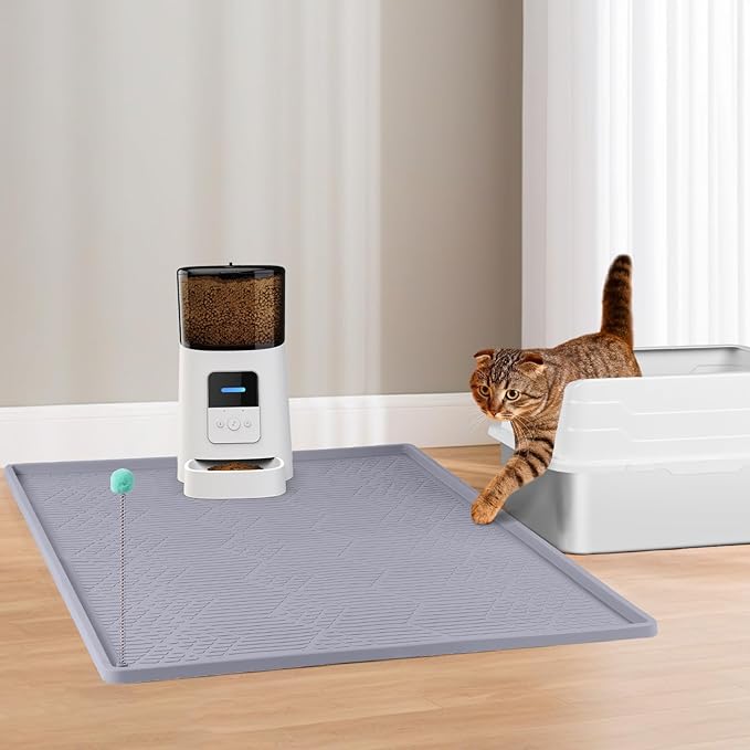 Large Cat Litter Mat with Toy Ball, 38'' x 25'' Silicone Cat Litter Trapping Mat for Scatter Control, Soft on Kitty Paws, Easy to Clean (Light Grey)