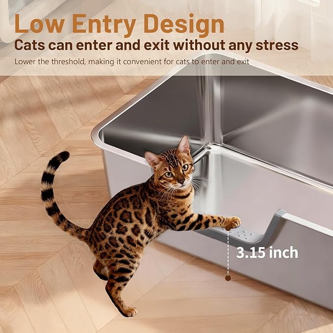 Stainless Steel Cat Litter Box, Steel Litter Pan with Curved Low Entry, Leak Proof 6 Inch High Side for Urine, Easy Entry for Kittens Older Cats, No Slip, 17.7" x 13.8" x 6", Silver