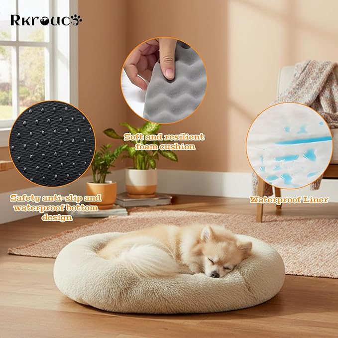 Fluffy Dog Bed Calming Donut Beds for Large Dogs Warming Round Small Medium Pet Nest Cozy Cat Mattress Indoor Washable Puppy Kennel Kittens Sleep Mat (M, 27.5×27.5 inch, Khaki)