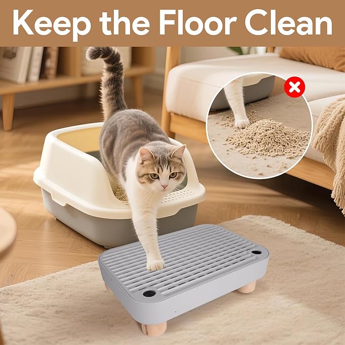 Cat Ramp Litter Box Step, Small Senior Cat Litter Box Mats Ramp for Floor with Wooden Base, Low Entry Cute Cats Food Mat Stairs Prevent Tracking, Silicone Small Litter Boxes Shield Catcher Mat Grey