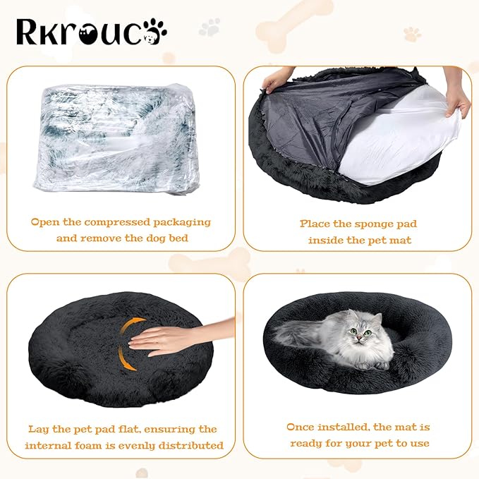Fluffy Dog Bed Calming Donut Beds for Large Dogs Warming Round Small Medium Pet Nest Cozy Cat Mattress Indoor Washable Puppy Kennel Kittens Sleep Mat (M, 27.5×27.5 inch, Dark Gray)