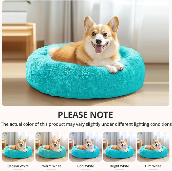 JOLLYVOGUE Calming Dog Bed Large Size Dog, Anti-Anxiety Donut Large Pet Bed, 36 inches Fluffy Faux Fur Round Cat Bed, Fits up to 75 lbs Pets (Aqua Blue)