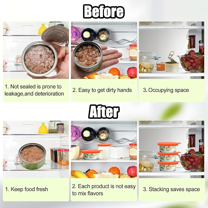 PINE & LINEN 4 Pcs Durable Pet Can Lids,One fit 3 Standard Size Silicone Waterproof Cat Food Cans Lids for 3oz/5.5oz/12.5oz/13.2oz Cat Food Cans（Orange）
