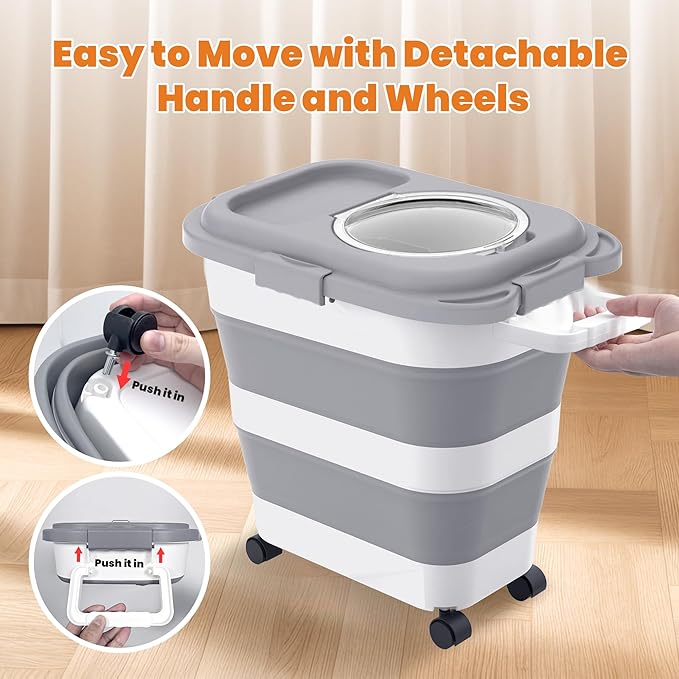 25-28lbs Dog Food Storage Container, Collapsible Dog Food Container, Wheels, Handle, Airtight Pet Food Storage Container, Scoop, Small Dry Container For Dog Cat Bird Food