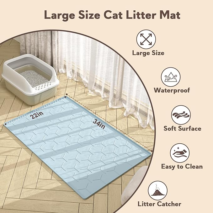 Silicone Cat Litter Trapping Mat, Large Waterproof 34" X 22" Cat Litter Box Mat, Easy to Clean, Blue