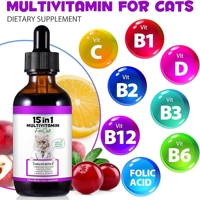 Cat Multivitamin Drops, 15-in-1 Multivitamin Drops for Cats, Immune Support, Heart, Skin & Coat Health, Digestion, Joint Care, for All Life Stages, Easy to Use 60ml 1 Pack
