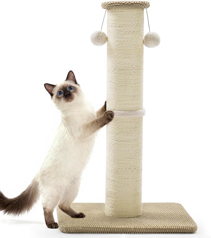 Made4Pets Tall Cat Scratching Post, 33" Natural Sisal Cat Scratcher with Hanging Balls, Heavy Duty and Thicker Scratching Post for Indoor Cats Adults, Sturdy Base Cat Scratch Post, Beige