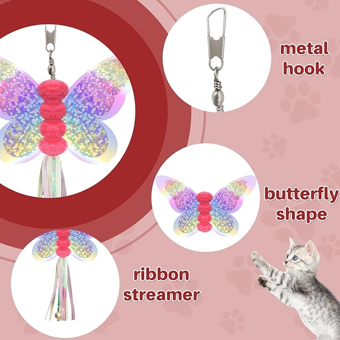 Walfront Interactive Cat Wand Toy Set with Replaceable Butterfly & Bee Bell Heads, Dual Suction Cup Base, for Self-Play or Handheld Fun with Indoor Cats & Kittens, Keeps Pets Active and Stimulated