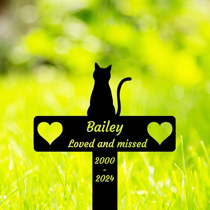 Personalized Custom Cat Memorial Garden Stake Grave Marker for Pet, Metal Animal Silhouette Outdoor Cat Remembrance Cross Stake with Hearts
