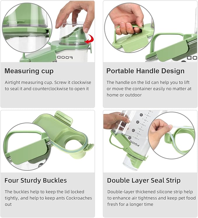 Dog Food Storage Container, Upgraded Large Nozzle BPA-free, 3-5 LBS Plastic Pet Food Storage Containers, With 3 Sealed Clasps, 1 Measuring Cup and Handle (Bright Green)