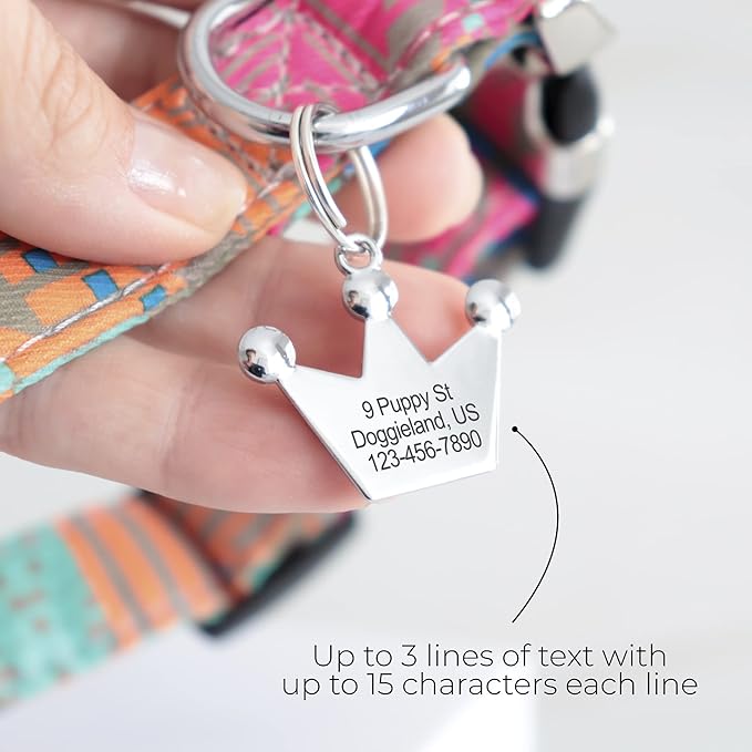 Custom Crystals Crown Pet ID Collar Tag, Personalized Stainless Steel Cute Shiny Bling Sparkly Safety Lost Charm Boy & Girl Dogs Puppies Cats & Ring Engraved SOS customizable with Name, Phone, Address