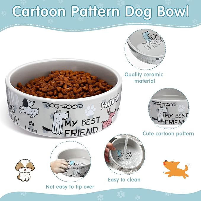 Maxcheck 2 Pcs 5 Inch Ceramic Dog Bowls Dishes for Small Dogs Cute Cartoon Pattern Puppy Cat Bowls Heavy Food Water Dishes for Pets Feeding Travel, Dishwasher Safe Microwave Safe (Gray)
