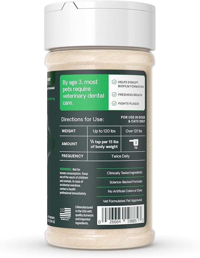 VetriScience Dental Care Powder, Clinically Tested Dental Supplement for All Dogs & Cats, Freshen Breath, Control Plaque & Tartar, Oral Health with Probiotics, Perio Support, 4.2 oz