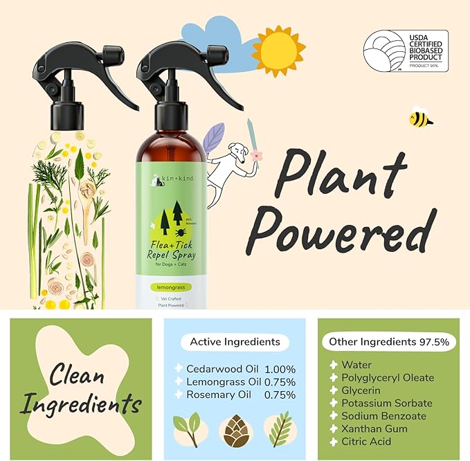 kin+kind Plant Based Flea and Tick Spray for Dogs and Cats – Essential Oil Formula with Lemongrass – Flea and Tick Prevention for Cats, Kittens, Puppies & Dogs - Pet Supplies - Family Safe – 32 fl oz