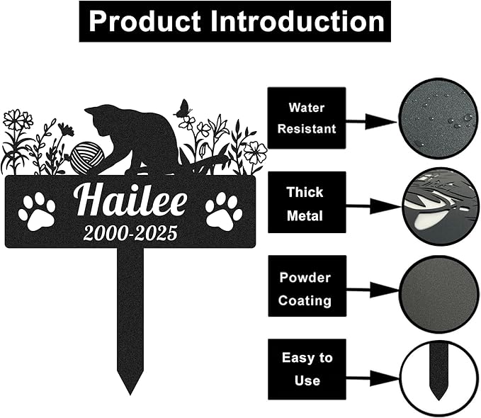 Personalized Cats Memorial Grave Marker Custom Metal Flowers Cat Memorial Garden Stake with Paws, Customized Pet Cat Statue Memorial Plaque Burial Marker for Pet Cemetery Yard Grave Decor