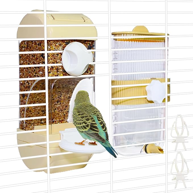 Automatic Bird Feeder Waterer Kit Bird Cage Hanging Waterer Parakeet Leak-Proof Feeder Parrot Vegetable Clips Cage Accessories for Budgies Lovebirds Finches Canaries Parrotlets Conures (Yellow)