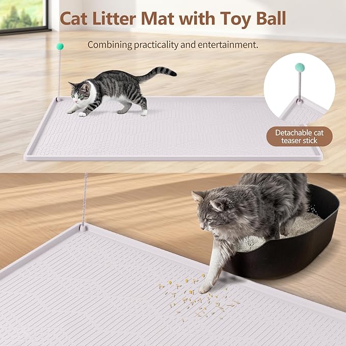 Large Cat Litter Mat with Toy Ball, 34'' x 22'' Silicone Cat Litter Trapping Mat for Scatter Control, Soft on Kitty Paws, Easy to Clean (White)