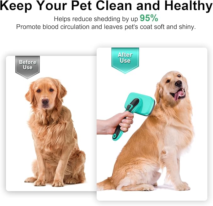 Self Cleaning Slicker Brush for Dog, Cat, Skin Friendly Shedding & Grooming Tool for Long and Short Haired Pets, Easy Clean Retractable Bristles, Green