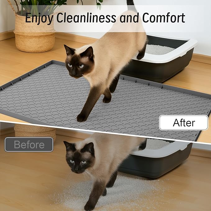 Silicone Large Cat Litter Mat 34" X 22", Cat Mat for Litter Box, Cats Litter Trapping Mats with Raised Edges, Non-Slip and Urine Waterproof Surface, Gray