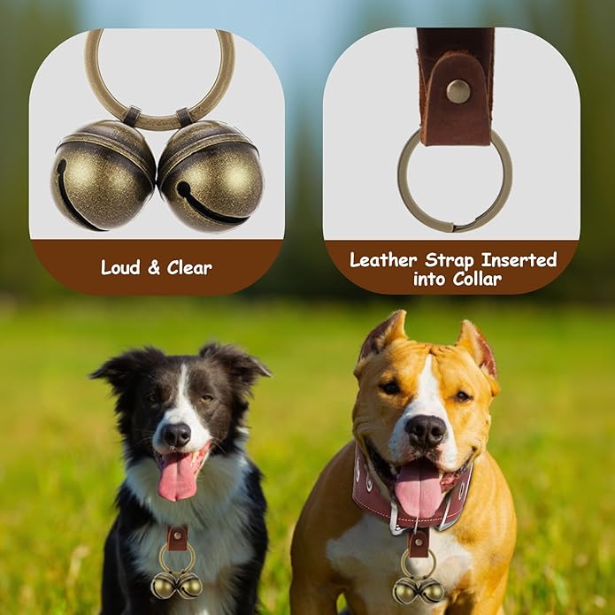 Dog Bells for Pet Tracking, 12PCS Extra Loud Dog and Cat Bells for Collar, Vintage Copper Collar Charms Pendant with 6 Leather Button Strap for Outdoor Safety, Pet Tracking