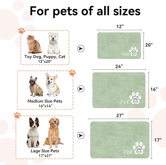 Dog Cat Feeding Mat-Absorbent Pet Bowl Mat for Food and Water, Quick Dry Water Dispenser Mat for Floors with Waterproof Rubber Backing, Puppy Cat Placemat Mats for Messy Drinkers,16"x24",Sage Green