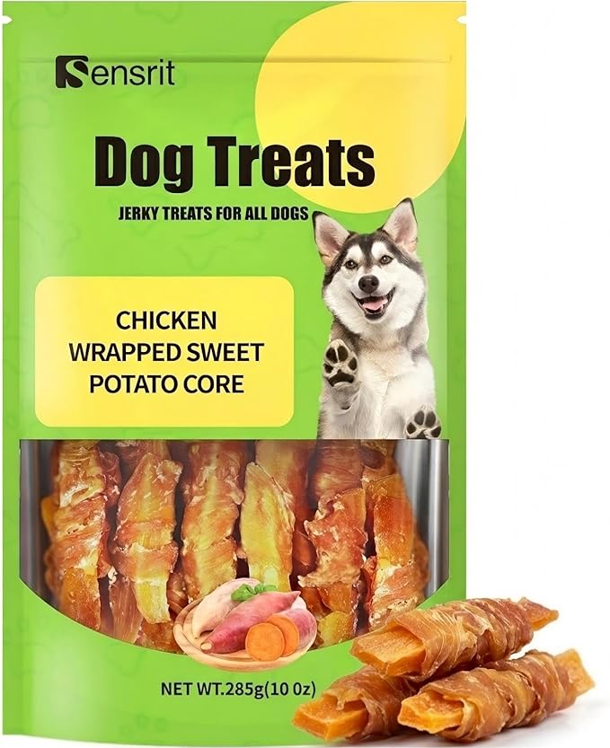 Chicken Wrapped Sweet Potato Dog Treats - 10 Oz (285g) Natural Jerky Treats, High Fiber Sweet Potato Core Wrapped in Real Chicken Breast, Healthy Training Rewards for All Dogs