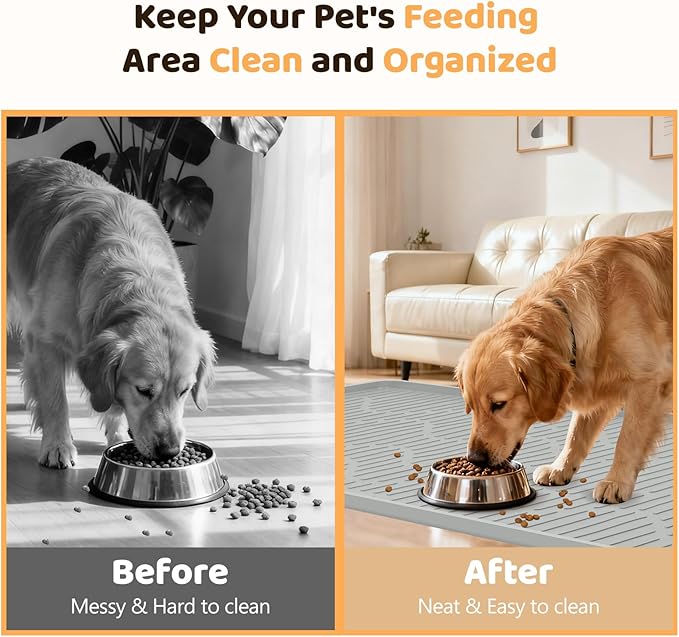 Silicone Cat & Dog Food Mat, 34" x 20" Large Pet Feeding Mat for Cats and Dogs Bowl, Pet Placemat for Food and Water with Raised Edge, Waterproof, Leakproof (Grey)