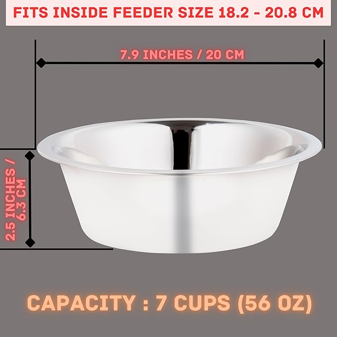 Stainless Steel Dog Bowl 2-Pack Metal Food and Water Dish (8.1" inch Outer Diameter) Pet Feeder Replacement Bowls Dishwasher Safe, Easy to Clean (7 Cups)